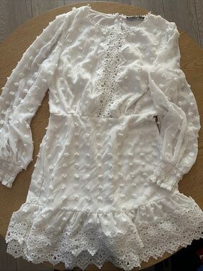 Simple White Swiss Dot Lace-Trim Mini Dress size M
